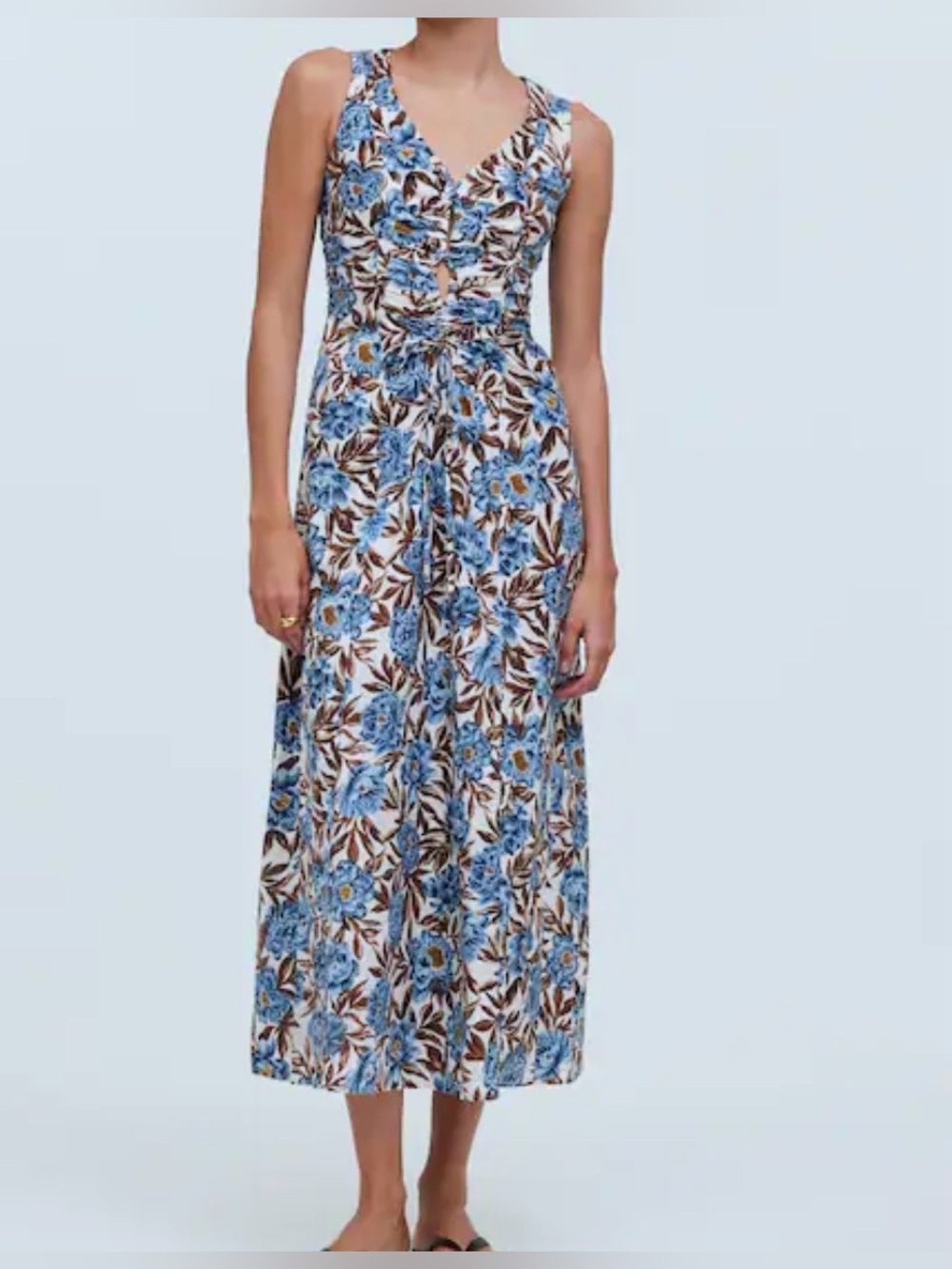 New Madewell Tessa Sleeveless V-Neck Midi Dress stonewash blue floral print 2